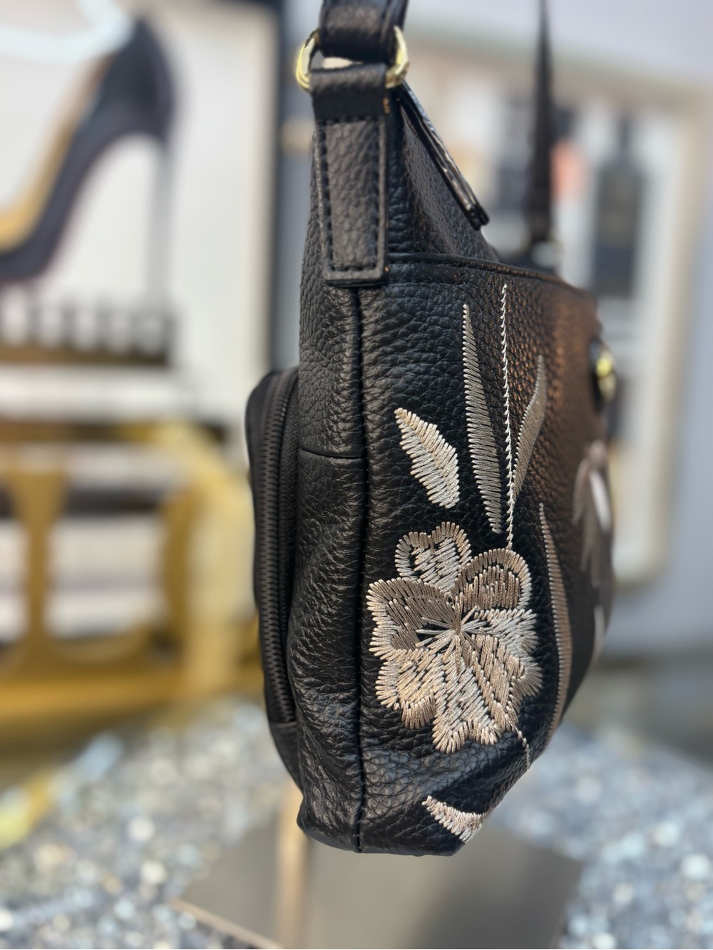 Tignanello Black Floral Embroidered Leather Crossbody Bag NWOT - Picture 6 of 14